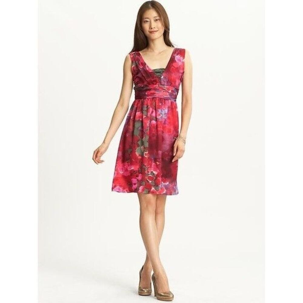 Banana Republic Red Floral Watercolor 100% Silk Sleeveless Sheath Dress 2